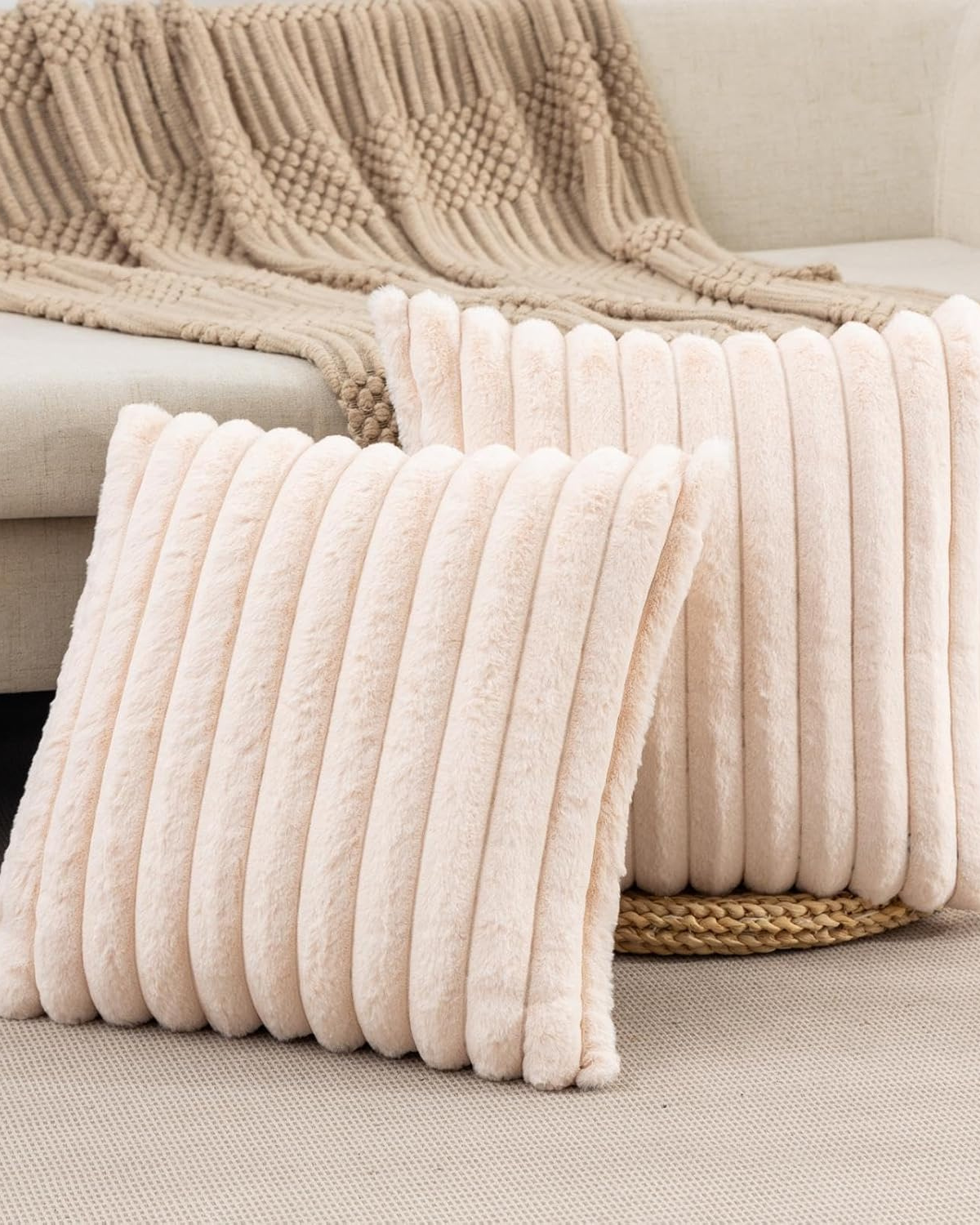 Ribbed Plush Cushion Set – Soft Velvet Sofa Pillow Covers