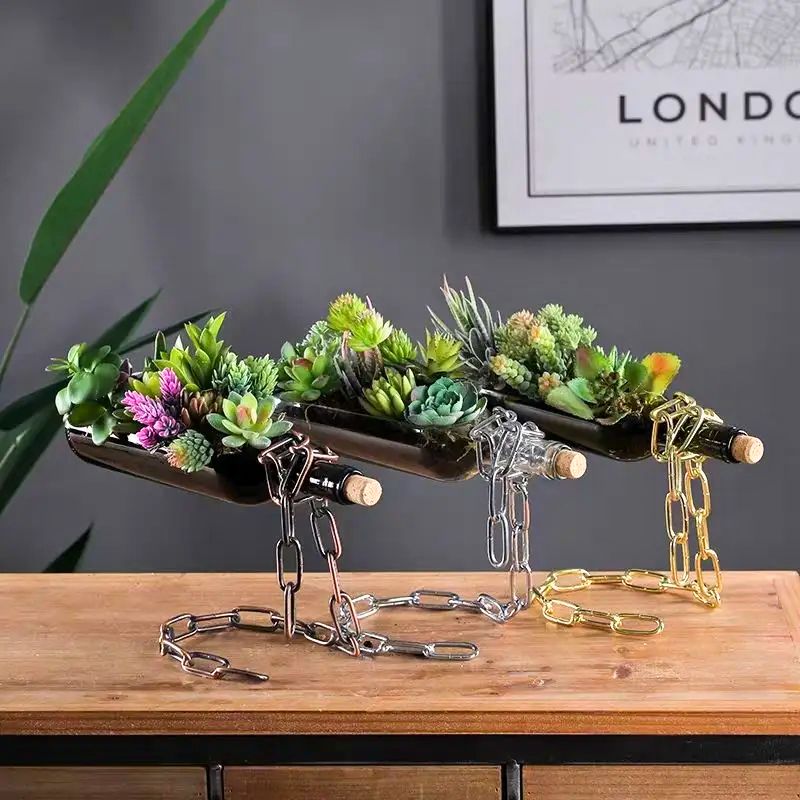 Floating Wine Bottle Planter – Suspended Illusion Flower Pot with Chain Stand