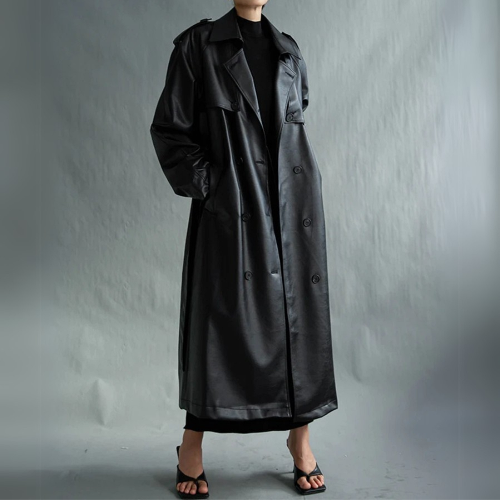 Valencia Noir Leather Trench Coat