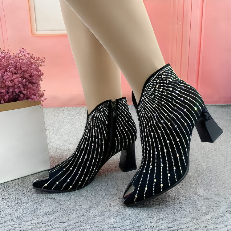 Stylish rhinestone ankle boots, black, zip, pointed - Edward Fraiser