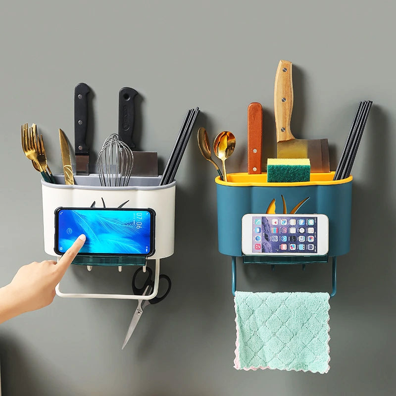 Wall-Mounted Kitchen Organizer with Towel Rack and Phone Holder