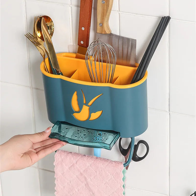 Wall-Mounted Kitchen Organizer with Towel Rack and Phone Holder