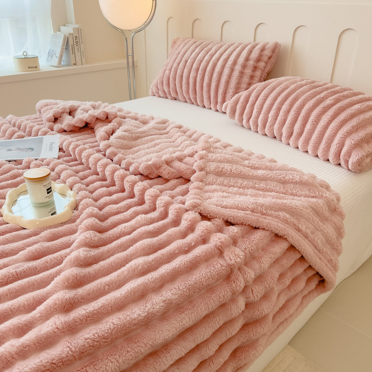 Striped Plush Throw Blanket - Heavyweight Faux Lambswool