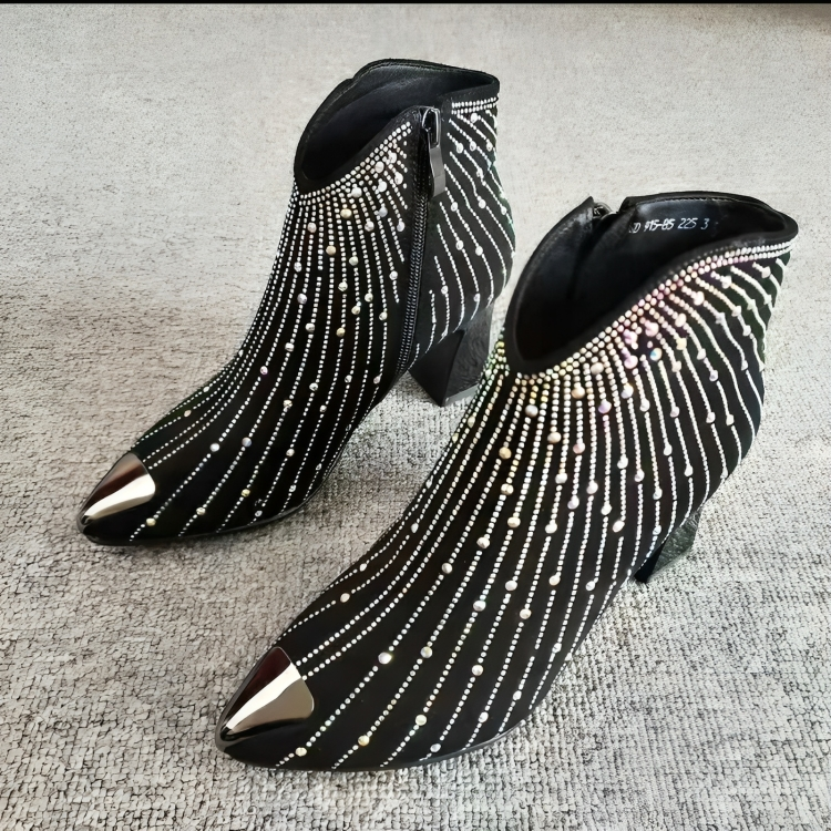 Stylish rhinestone ankle boots, black, zip, pointed - Edward Fraiser