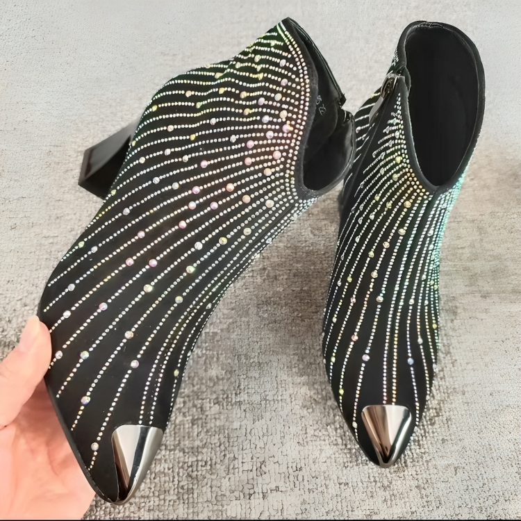 Stylish rhinestone ankle boots, black, zip, pointed - Edward Fraiser