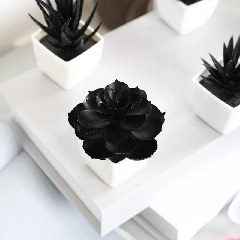 Black Faux Succulent in Geometric Pot – Minimalist Artificial Plant for Desk, Shelf & Modern Decor