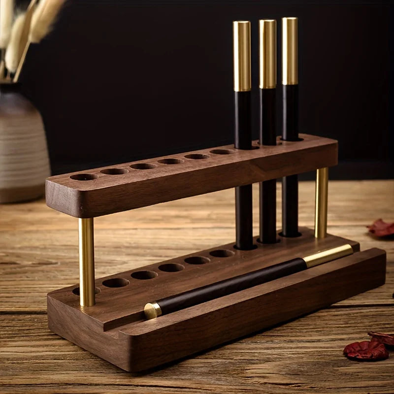 Solid Walnut Wood Desk Organizer – Multi-Slot Pen Stand with Phone Holder for Minimalist Workspaces