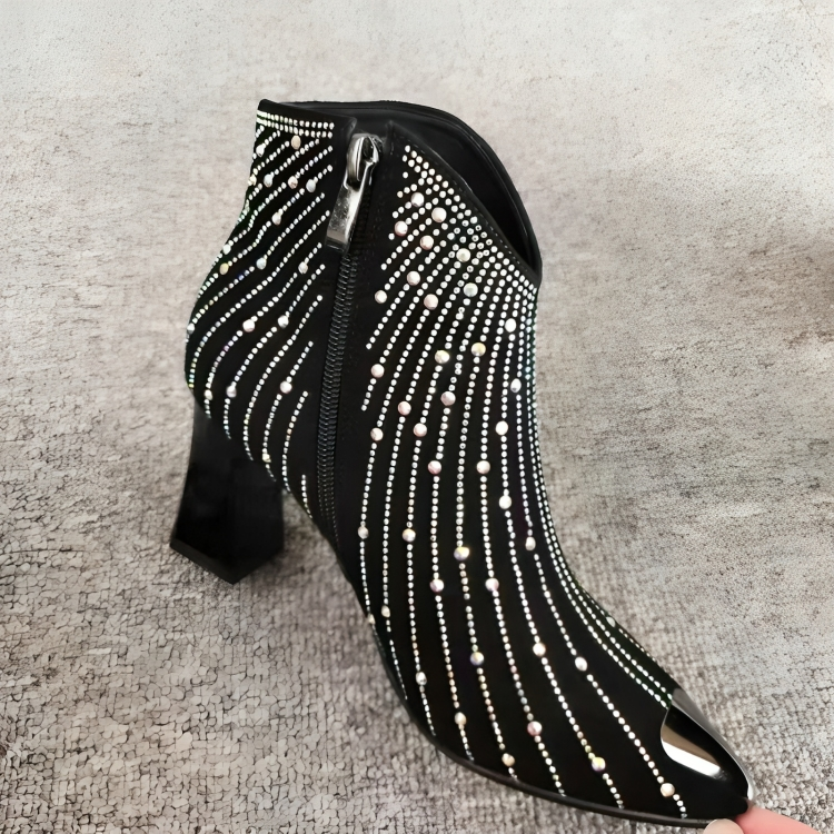 Stylish rhinestone ankle boots, black, zip, pointed - Edward Fraiser