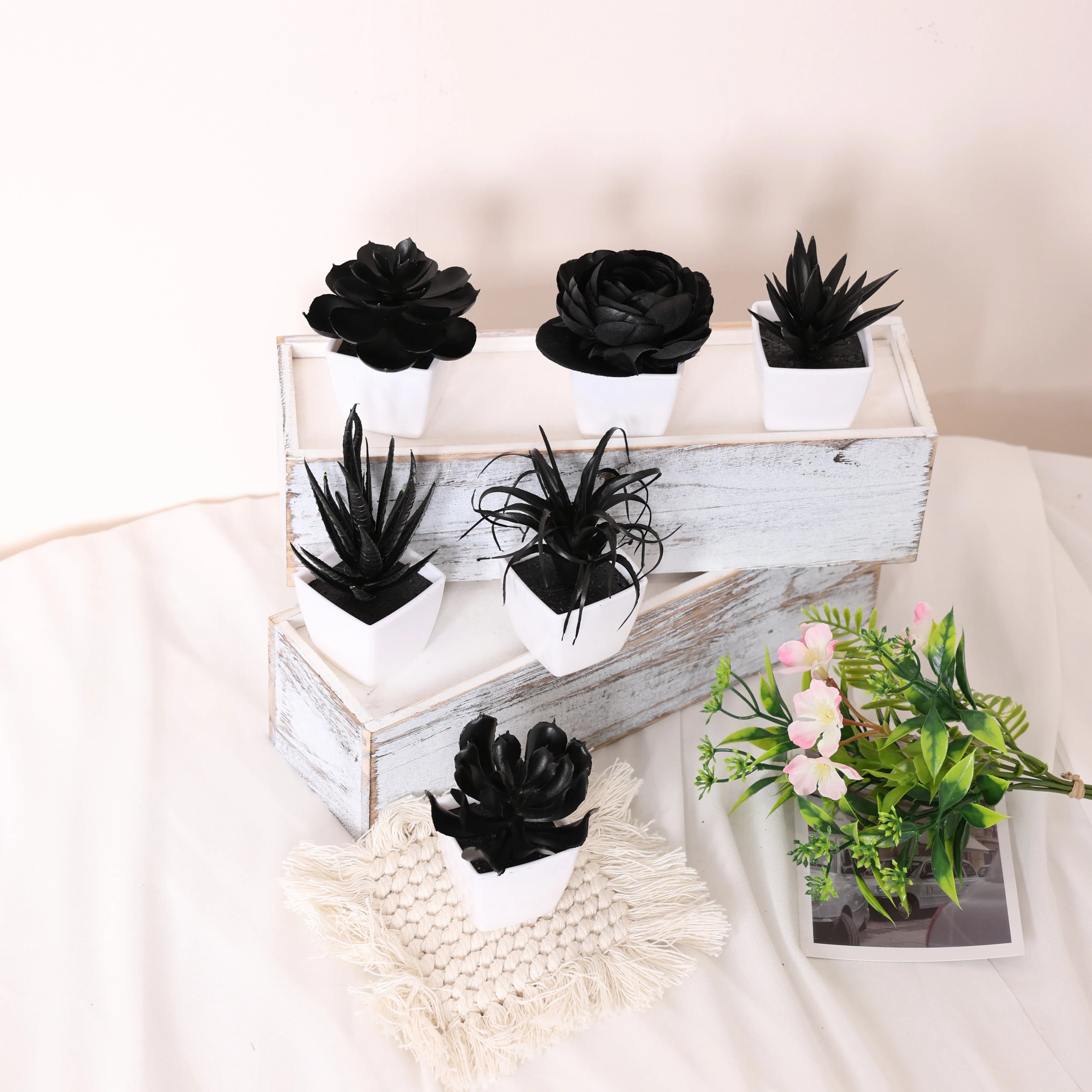 Black Faux Succulent in Geometric Pot – Minimalist Artificial Plant for Desk, Shelf & Modern Decor
