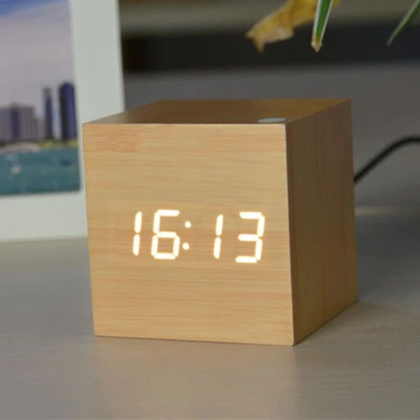 Digital Wood Cube Clock – LED Display with Sound Control