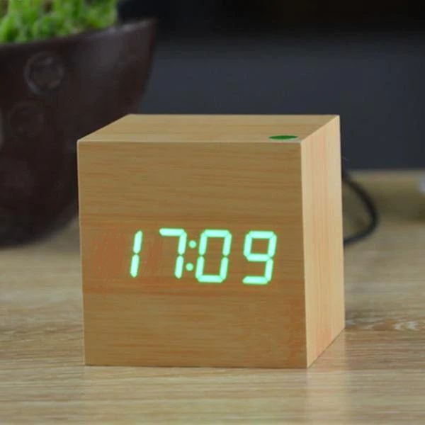 Digital Wood Cube Clock – LED Display with Sound Control