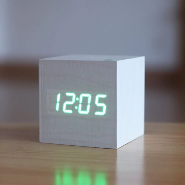 Digital Wood Cube Clock – LED Display with Sound Control