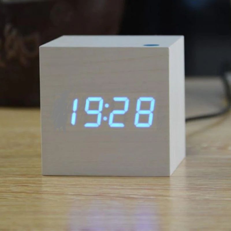 Digital Wood Cube Clock – LED Display with Sound Control