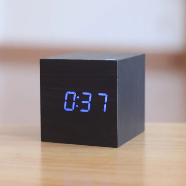 Digital Wood Cube Clock – LED Display with Sound Control