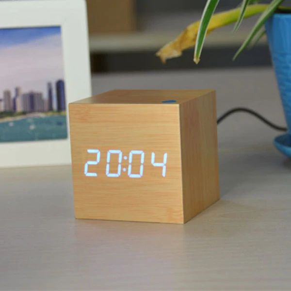 Digital Wood Cube Clock – LED Display with Sound Control