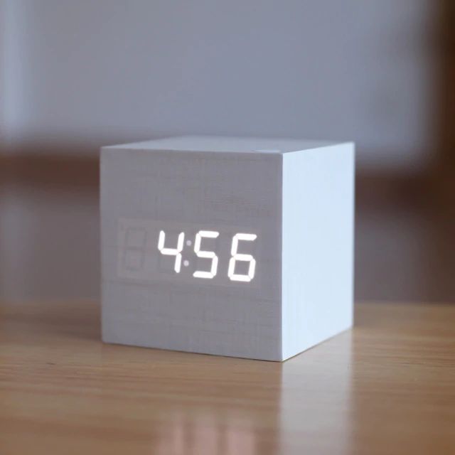 Digital Wood Cube Clock – LED Display with Sound Control
