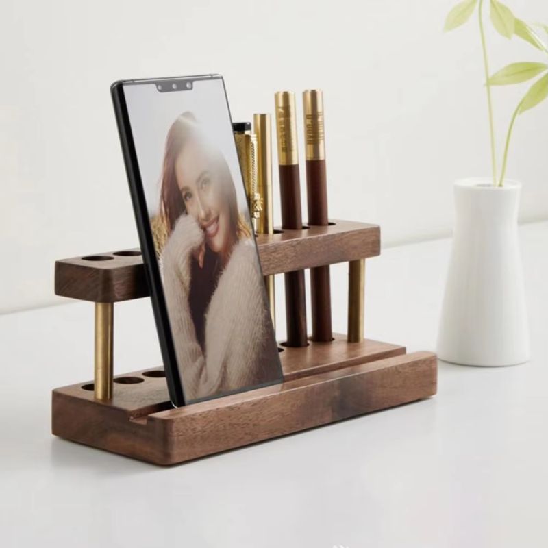 Solid Walnut Wood Desk Organizer – Multi-Slot Pen Stand with Phone Holder for Minimalist Workspaces