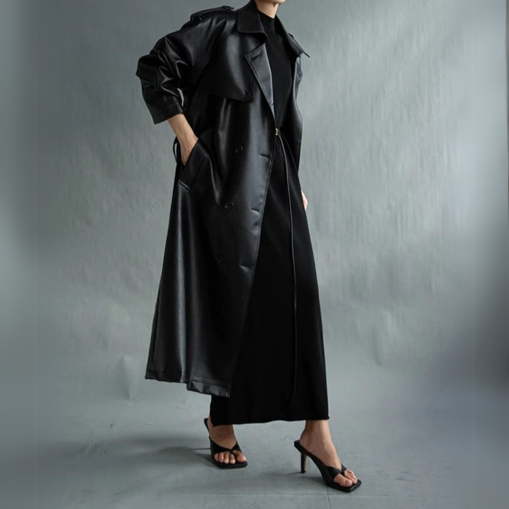 Valencia Noir Leather Trench Coat