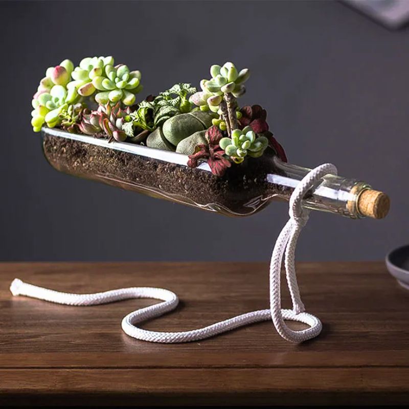 Floating Wine Bottle Planter – Suspended Illusion Flower Pot with Chain Stand