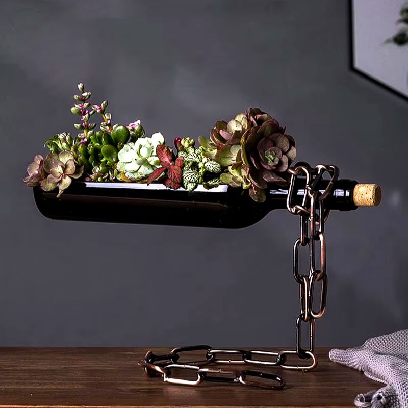 Floating Wine Bottle Planter – Suspended Illusion Flower Pot with Chain Stand