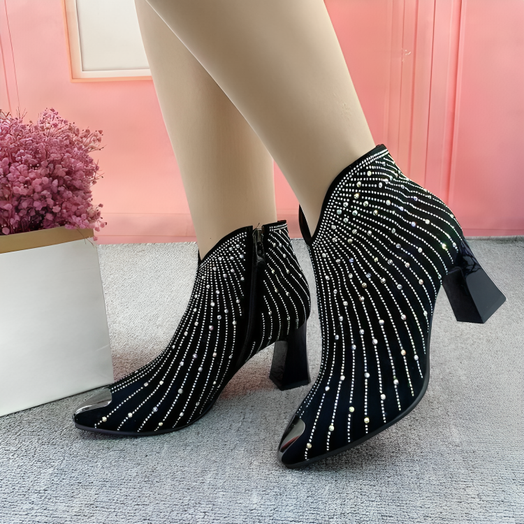 Stylish rhinestone ankle boots, black, zip, pointed