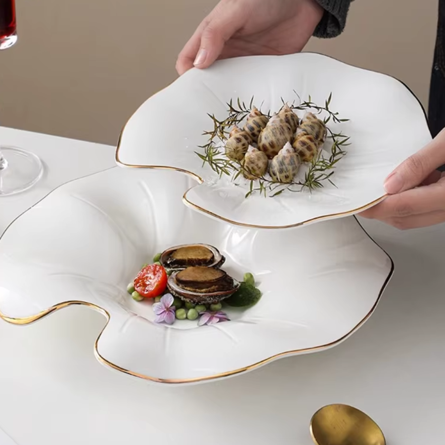 Lotus Edge Ceramic Plate - White with Gold Trim