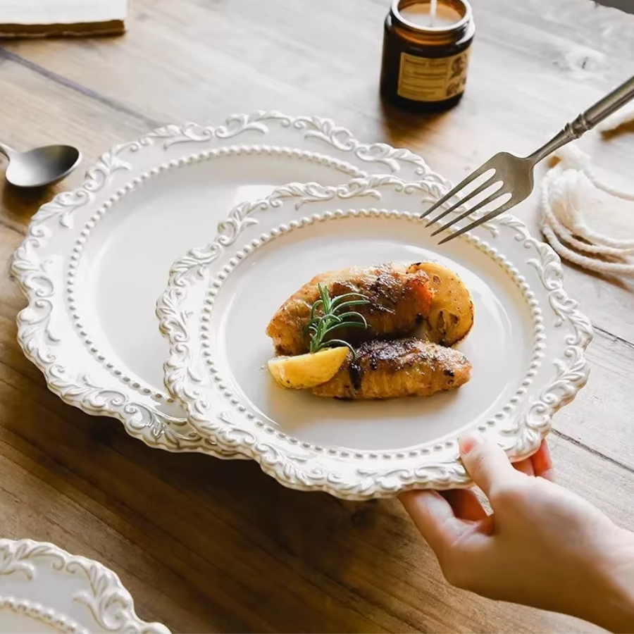 Vintage Ceramic Plates - White Ornate Dinnerware