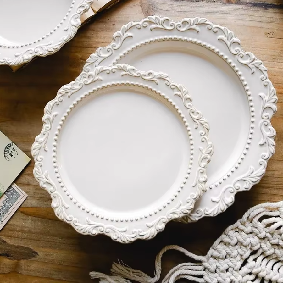 Vintage Ceramic Plates - White Ornate Dinnerware